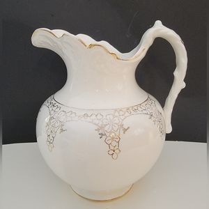 Antique KT&K Co. Semi-Vitreous Porcelain White 7"  Gold rimmed 5 Cup Pitcher